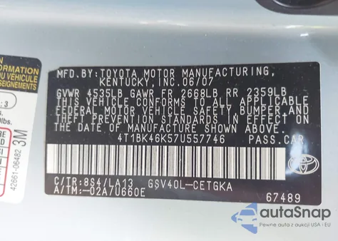 2007 Toyota Camry Xle V6 из США, поврежденный, VIN 4T1BK46K57U557746